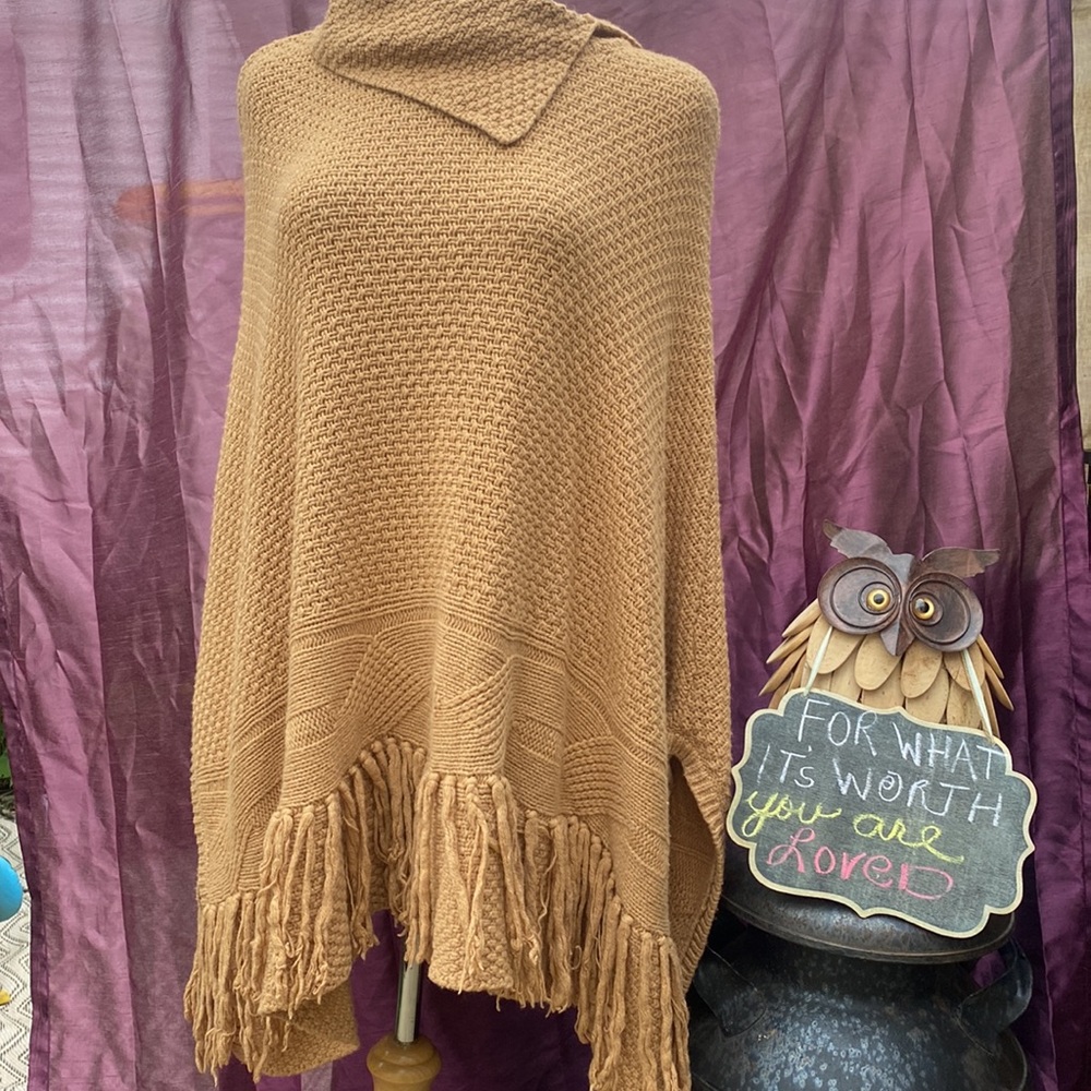 Coldwater Creek Butterscotch Fringe Poncho - Cowl Neck - One Size